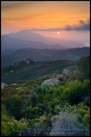 Photo: Sunset over Santa Ynez Peak, and the distant Lake Cachuma, from the Santa Ynez Mountains, near Santa Barbara, California